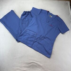 WonderWink WonderFlex Scrub Set Womens Small Petite Blue Cargo V-Neck